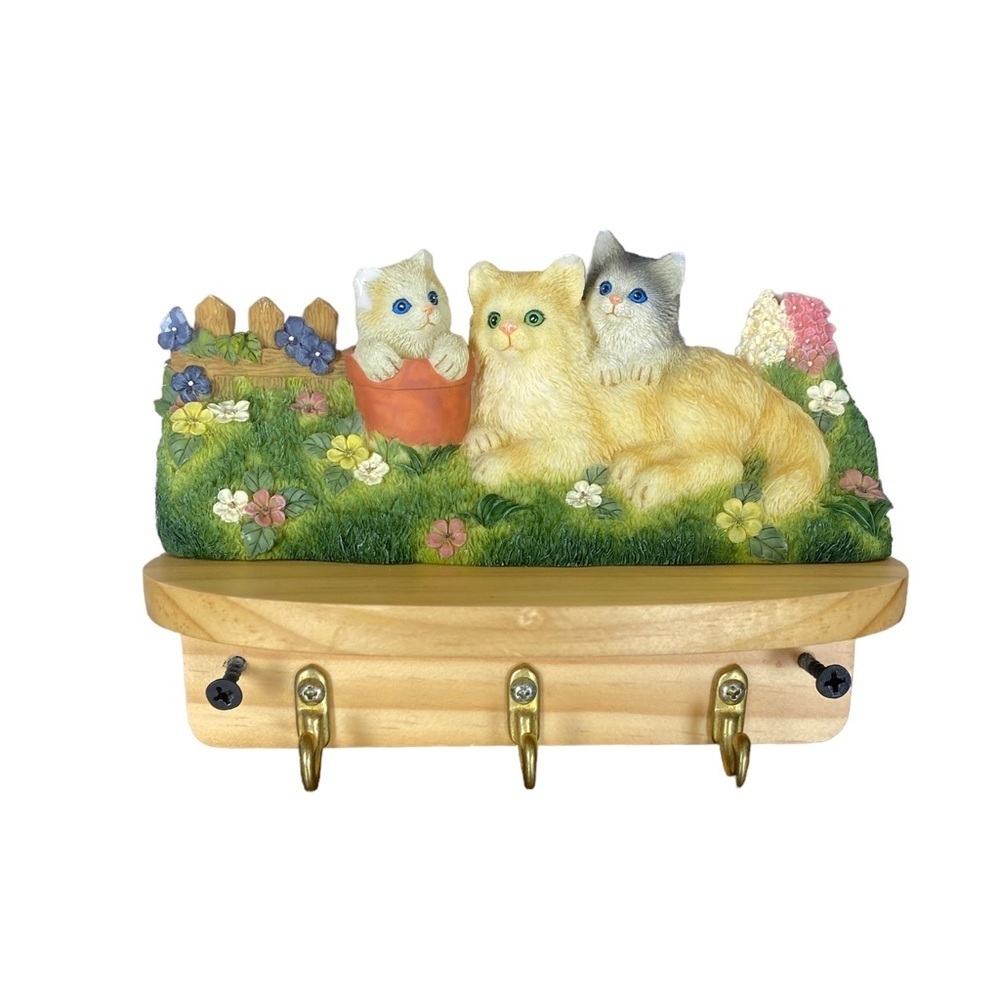 Crossroads Wood Ceramic House Home Cats Key Holder Shelf Decor.